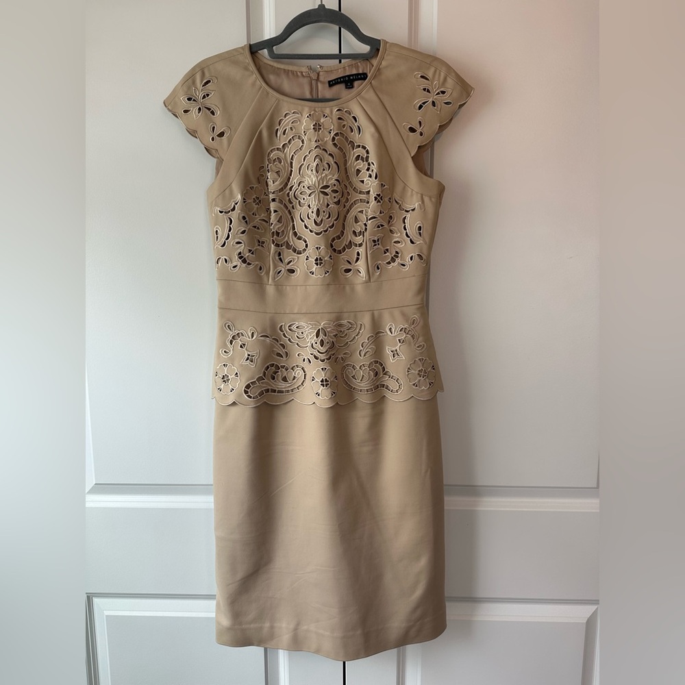 Antonio Melani Peplum Eyelet Lace Detail Nude Dress Size 4